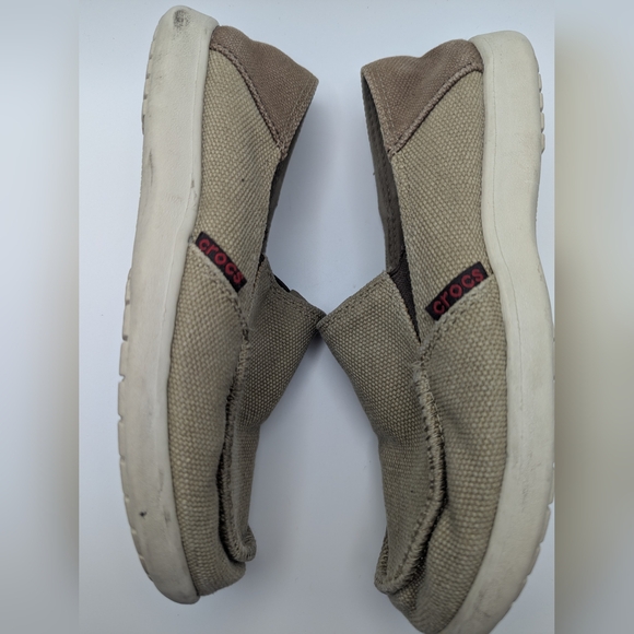 Crocs Brown Unisex Slip On Canvas Loafers Kids Size J 4 Two Tone Casual Shoes - Picture 5 of 8
